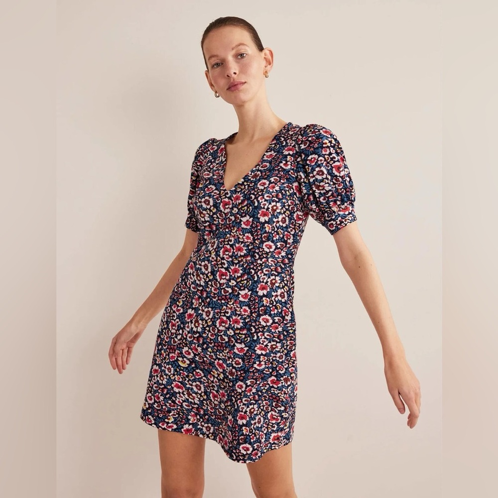 Boden Navy Floral Mini Dress with Pink and White Flowers